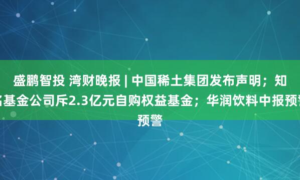 盛鹏智投 湾财晚报 | 中国稀土集团发布声明；知名基金公司斥2.3亿元自购权益基金；华润饮料中报预警